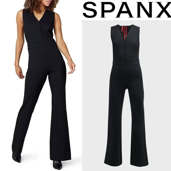 SPANX The Perfect Shaping Pant Jumpsuit L Black Flare Wide Leg Ponte Knit V-Neck - Picture 3 of 16